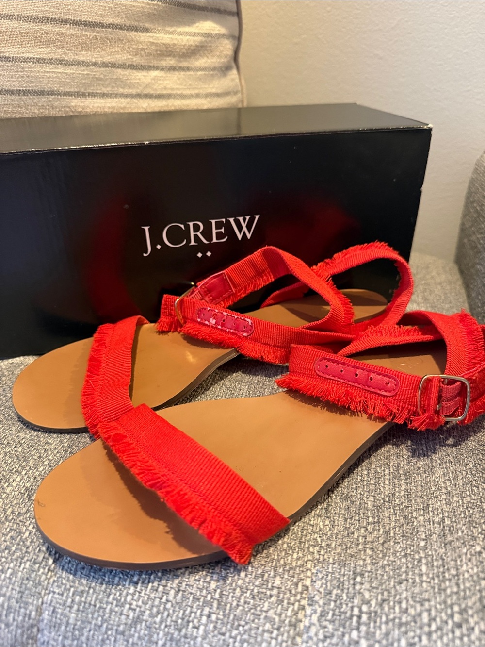 J. Crew Red Frayed Strap Leather-Trim Sandals, Sz 7, VGUC- see photos
